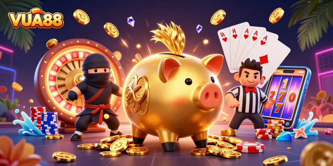 VUA88 features a vibrant scene of a golden piggy bank sumo wrestler in action amidst flying coins and casino elements.