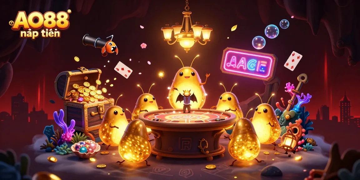 Experience AO88 nạp tiền with glowworms lighting a vibrant casino scene, filled with treasure and excitement.