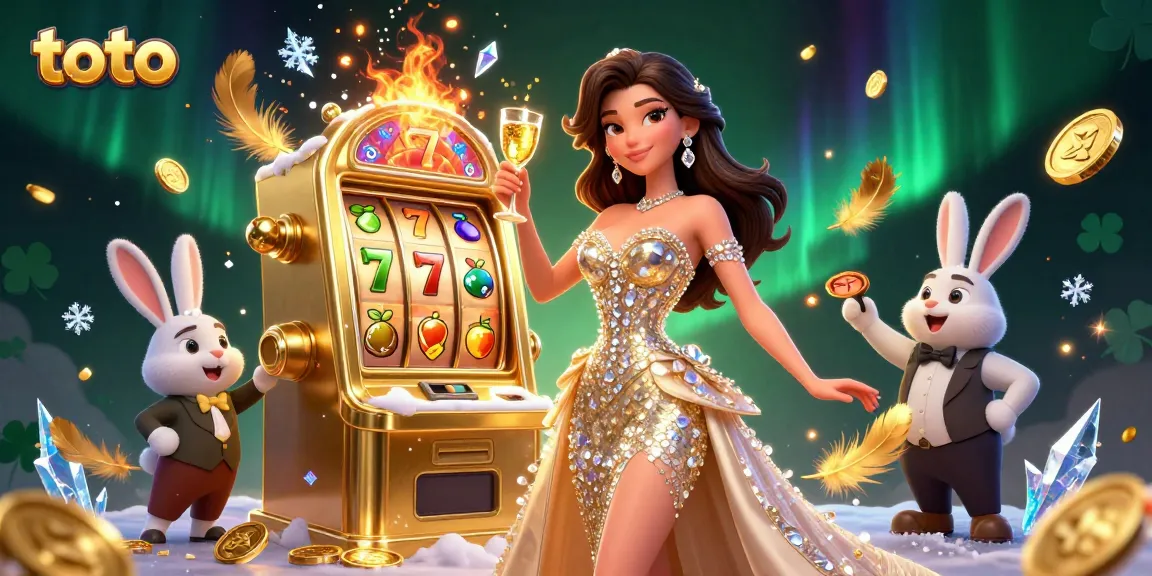 Win big with toto at the casino beside a jackpot slot machine and lively characters.