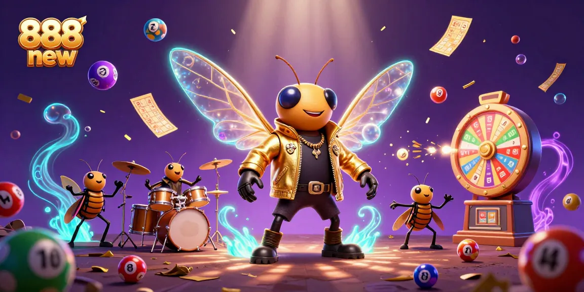 Engage with 888 new gaming excitement featuring a cicada rock star and vibrant lottery elements.