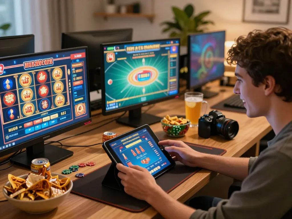 Engaging player at the top Malaysia online casino free credit using multiple screens for online gambling excitement.