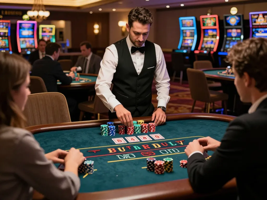Players strategizing at the blackjack table in a luxurious casino setting, showcasing the thrill of 98win9 gaming.