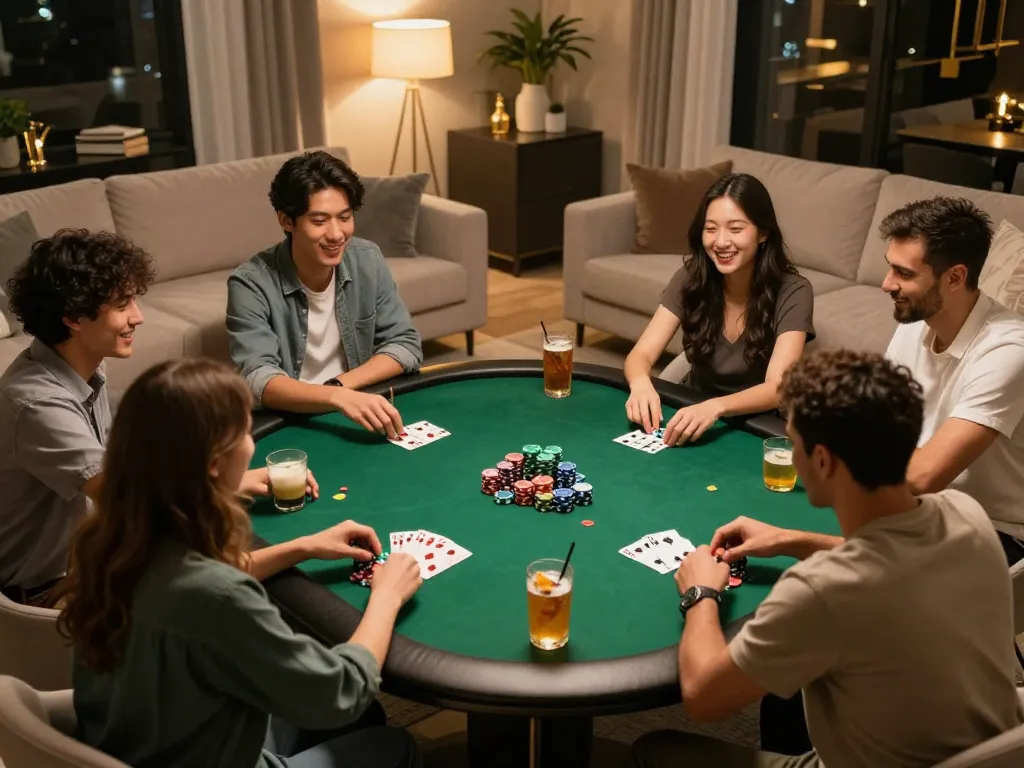 Players enjoying a lively poker game at home, highlighting J88. com's engaging atmosphere.