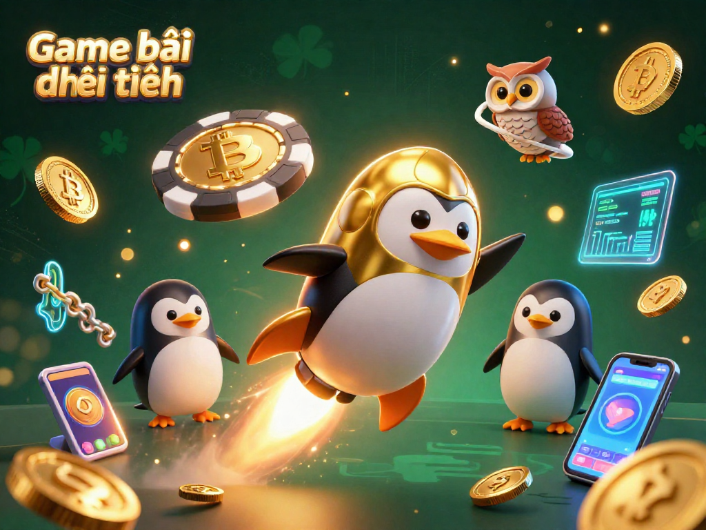 Experience the thrill of Game bài đổi thưởng with a dynamic scene featuring a penguin in space.