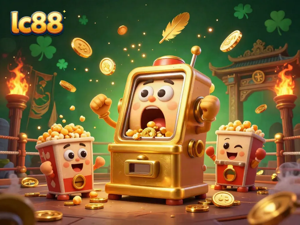 Watch lc88's golden slot machine hit the jackpot while smaller machines cheer in this vibrant casino scene.