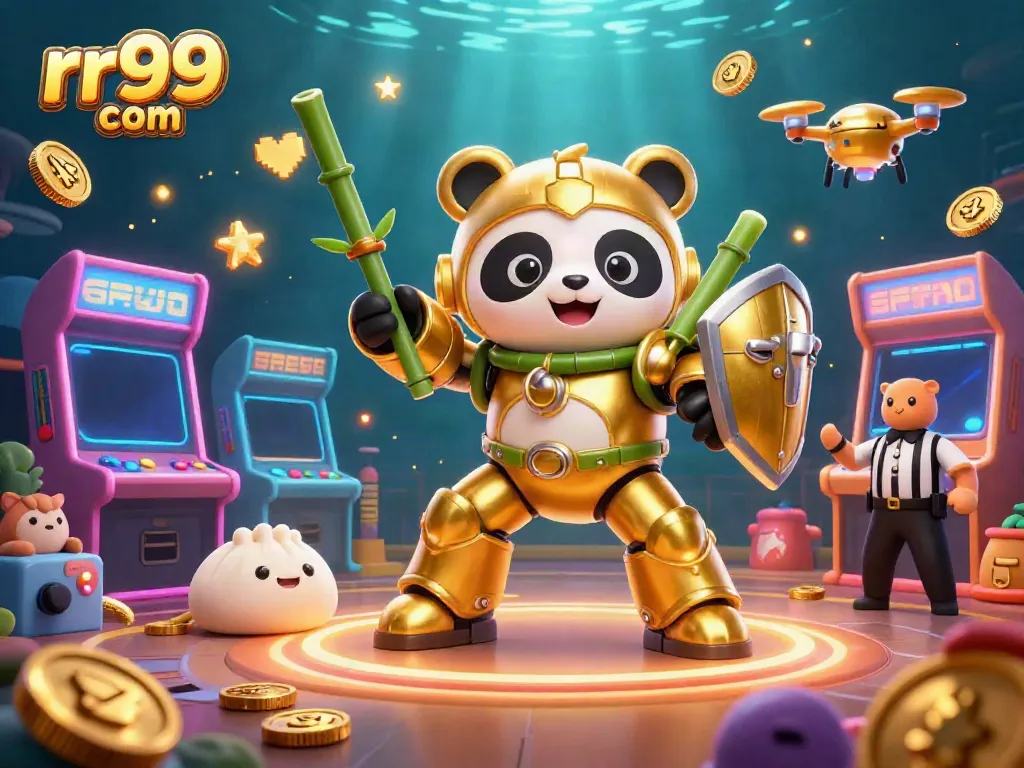 Experience the excitement of rr99 com with a golden panda mech battling in a vibrant casino arena.