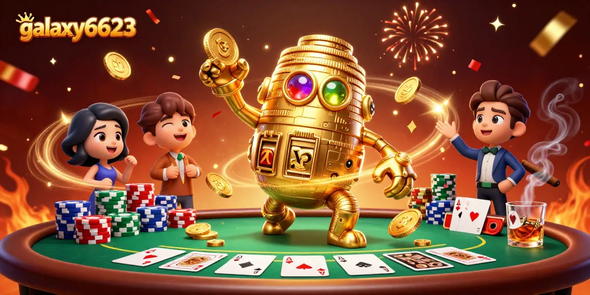 A vibrant scene showcasing galaxy6623 with a golden golem made of coins surrounded by dynamic poker elements and festive confetti.