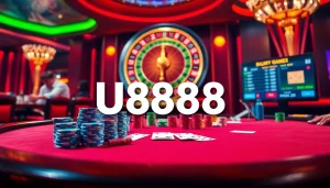 Experience the thrill of U8888 with players at a high-stakes poker table in a casino.