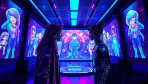 Engaging NSFW character AI interaction scene showcasing vibrant digital characters in a futuristic setting.