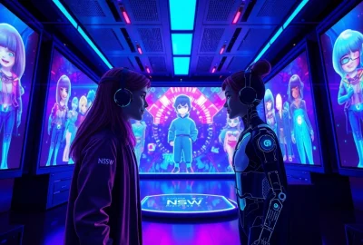 Engaging NSFW character AI interaction scene showcasing vibrant digital characters in a futuristic setting.