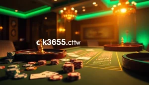 Engage with thrilling games at https://ok365.tw/ showcasing a luxurious casino environment with poker chips and a roulette wheel.