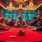 Exciting high-stakes poker game scene at a luxurious casino featuring DA88-themed betting chips and roulette.
