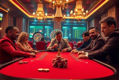 Exciting high-stakes poker game scene at a luxurious casino featuring DA88-themed betting chips and roulette.