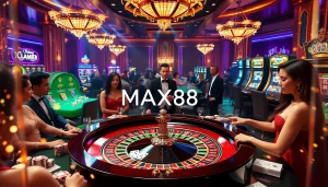 MAX88 casino scene showcasing an elegant roulette table with players engaging in exciting gameplay.