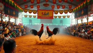 Exciting live cockfighting event at sabong67.ac, showcasing vibrant crowds and thrilling roosters in action.