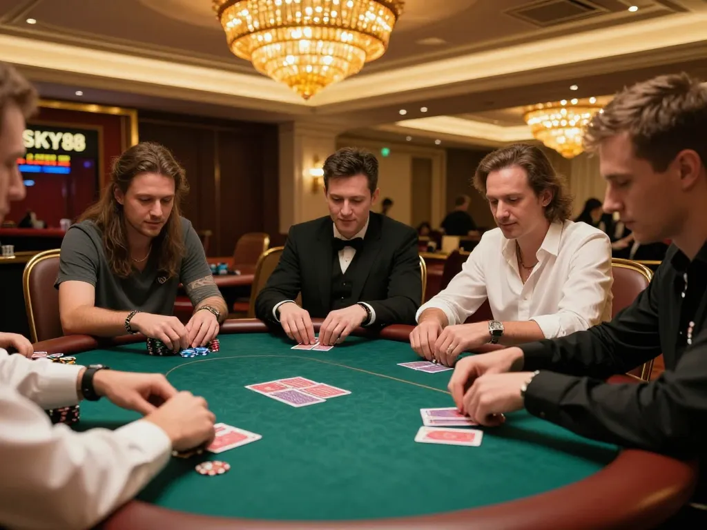 SKY88 players engaging in strategic gameplay at a luxurious casino table, cards mid-deal, vibrant atmosphere.