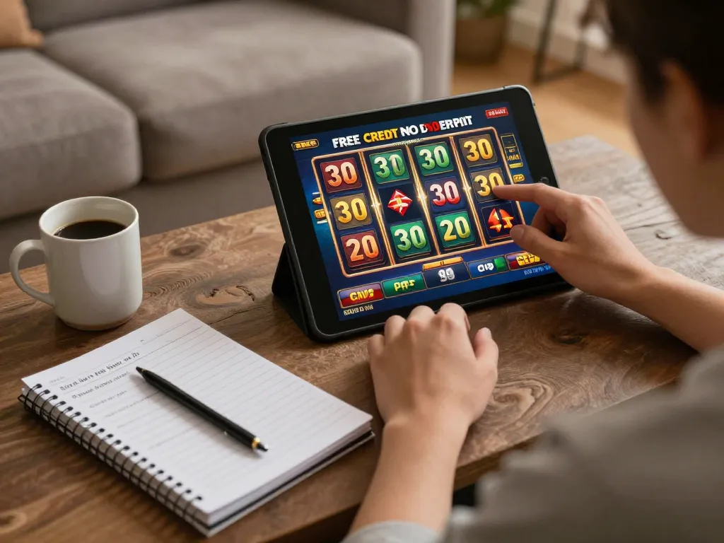 Person using Free Credit No Deposit 30 on a tablet in a cozy home environment, strategizing gameplay.