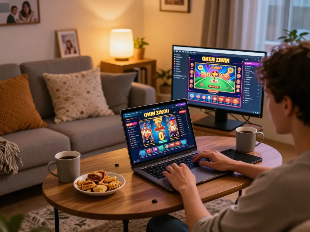 Engaging in online pokies real money gaming experience in a cozy home setting.