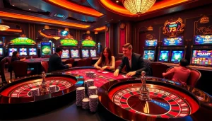 Exciting gaming action at Nhà cái 78Win showcasing roulette and poker chips in a luxurious casino.