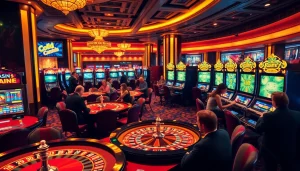 Experience the thrill of winning at https://8kbetbh.com/ with a vibrant casino scene featuring high-stakes card games and luxurious slot machines.