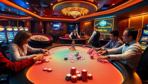 Engaged players at a luxurious casino poker table with CM88 themed chips, creating an exciting atmosphere.