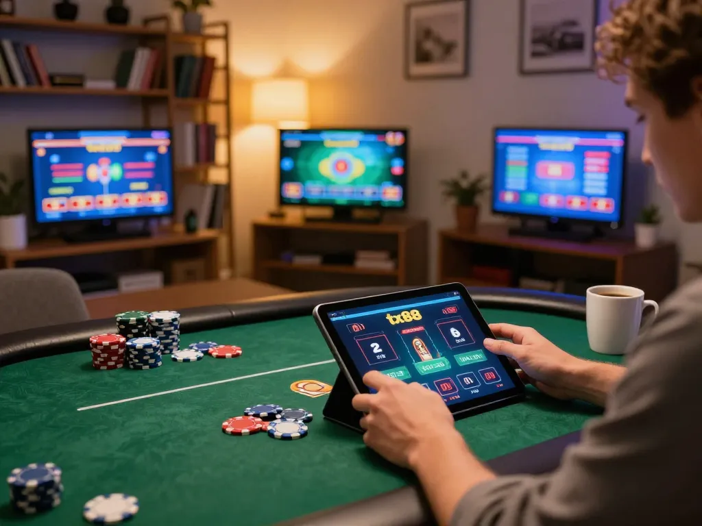 Player engaging with tx88 poker app on tablet at home, showcasing strategic gameplay.