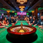 Experience thrilling gameplay at FIVE88 with poker tables and roulette wheels in a vibrant casino setting.