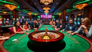 Experience thrilling gameplay at FIVE88 with poker tables and roulette wheels in a vibrant casino setting.