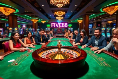 Experience thrilling gameplay at FIVE88 with poker tables and roulette wheels in a vibrant casino setting.
