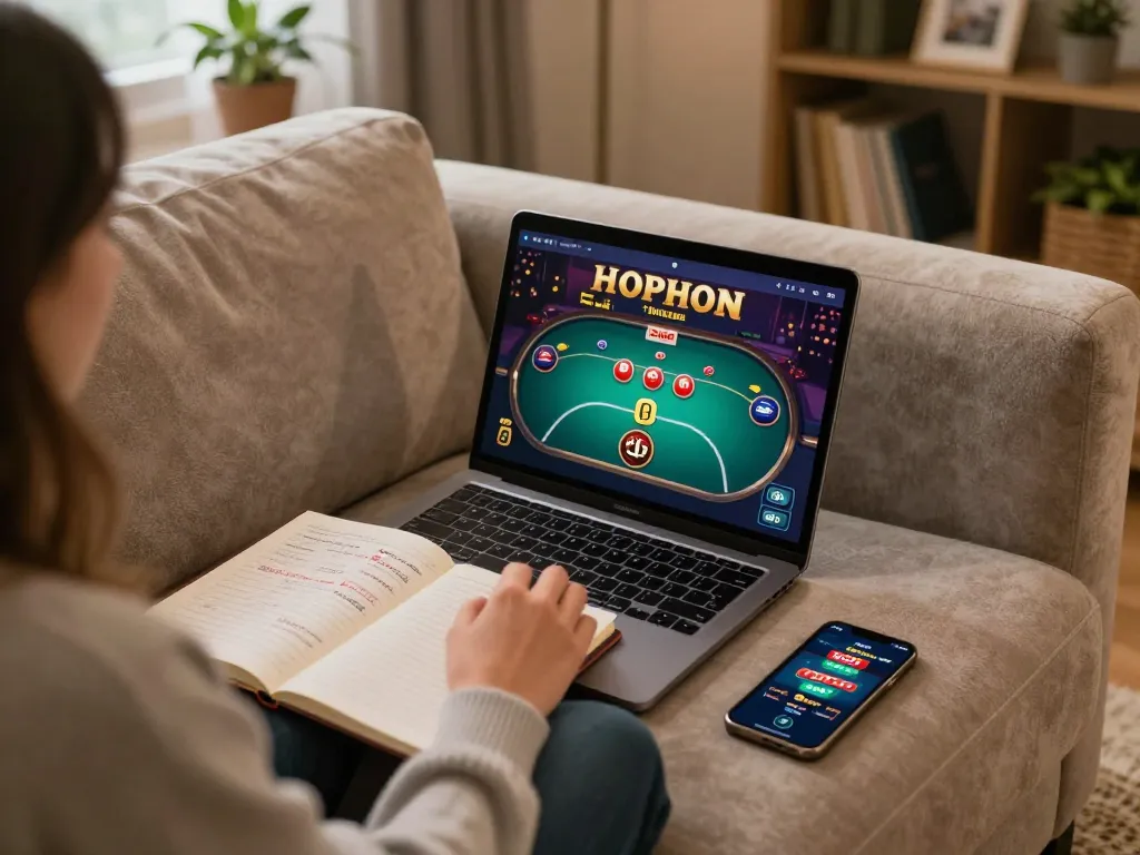 DABET players engaged in online casino gaming at home, showcasing strategy and comfort.