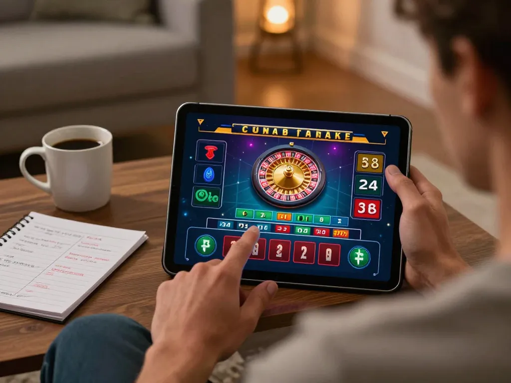 Player engaging with vin88a on a tablet for live casino gaming in a cozy setting.