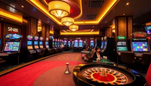 SIN88 players enjoying the exciting atmosphere at a luxury casino with poker, roulette, and vibrant slot machines.
