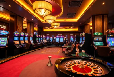 SIN88 players enjoying the exciting atmosphere at a luxury casino with poker, roulette, and vibrant slot machines.