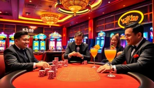 KJC XX88 players enjoying an exciting gambling experience at a luxurious poker table surrounded by vibrant slot machines.