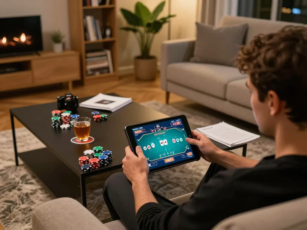 Player engaged in online poker gaming with FABET interface displayed on tablet while seated comfortably at home