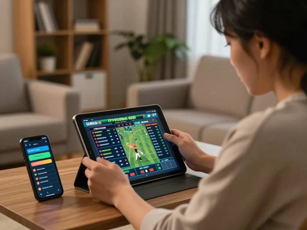Engaged bettor analyzing sports odds on fun88s tablet, showcasing strategic betting.