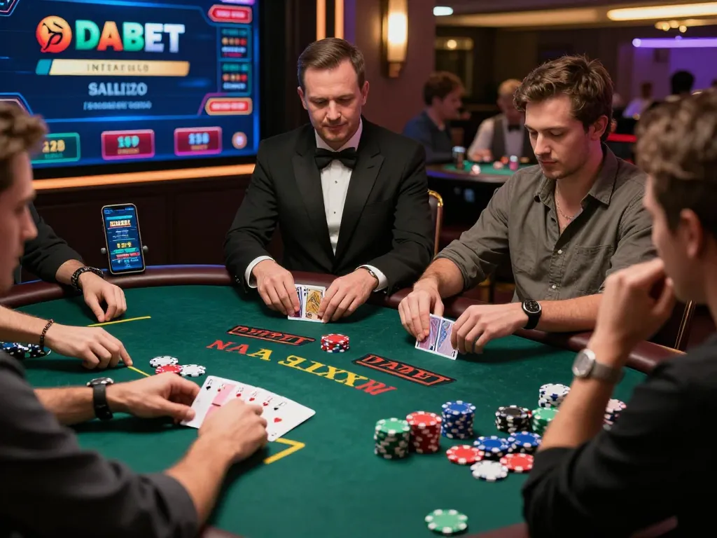 Dabet brings excitement with live blackjack gameplay involving a dealer and engaged players in a modern online casino interface.