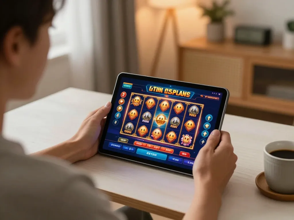 Person playing slot games on vu88 tablet at home, showcasing gaming interface and cozy ambiance