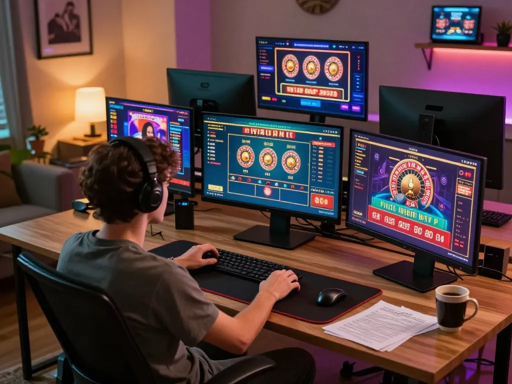 Engaging online casino gaming experience at nhà cái KONG88 with multiple screens and stylish setup.
