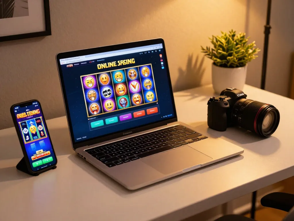 Engaging rr88 online casino gaming setup showcasing vibrant gameplay on a laptop alongside a smartphone while promoting responsible gambling.