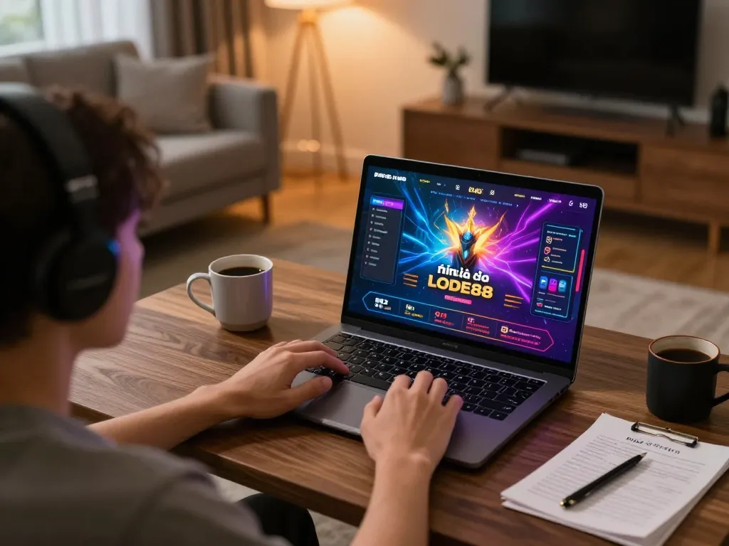 Engaging in online gambling at nhà cái LODE88 with colorful graphics on the screen.