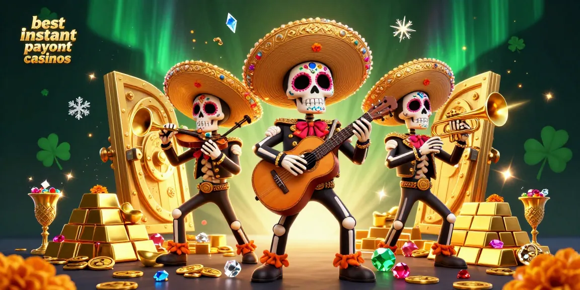 Experience winnings at the best instant payout casinos with a vibrant 3D mariachi scene.
