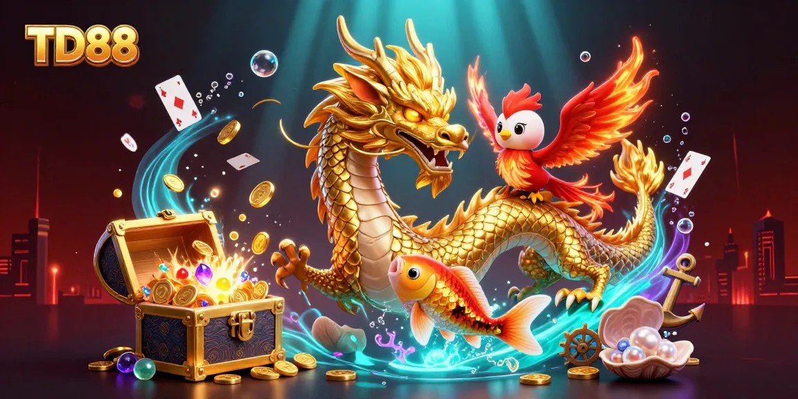 Bet on TD88 with a powerful dragon, colorful phoenix, and koi fish amidst a vibrant casino scene.