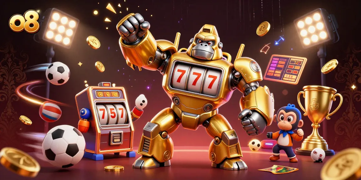 Engage in thrilling gaming with o8's dynamic golden gorilla mech amidst sports elements and exciting action.