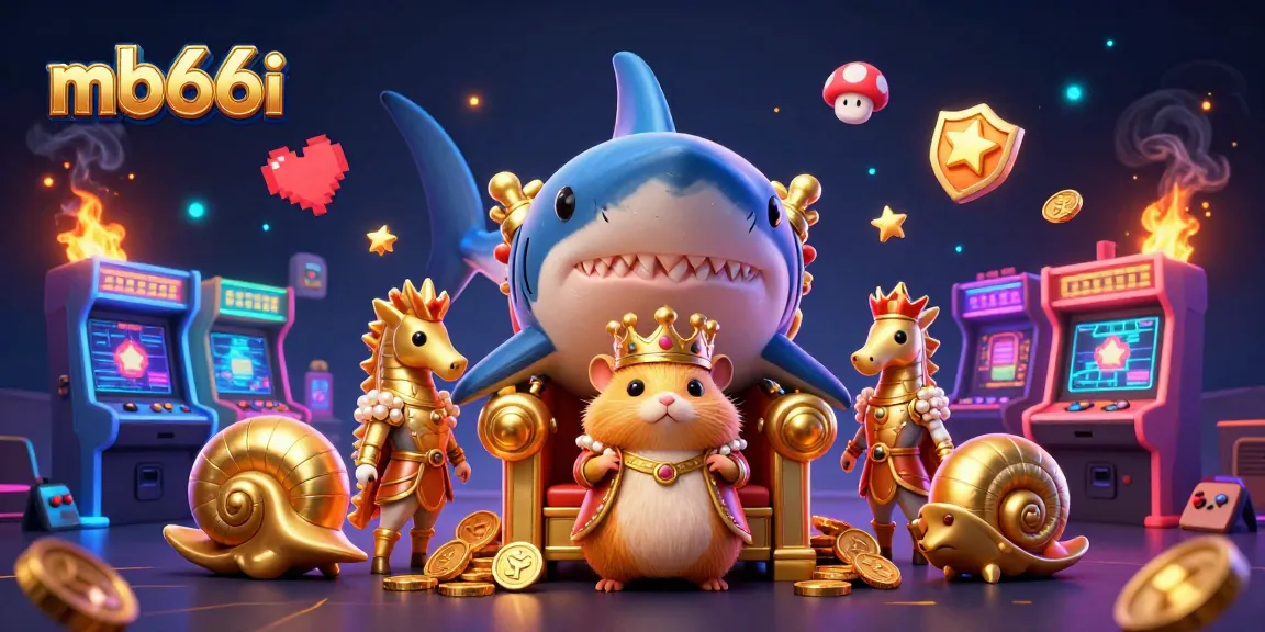 Experience the thrill at mb66i, featuring a golden hamster king reigning on a megalodon throne surrounded by vibrant casino elements.