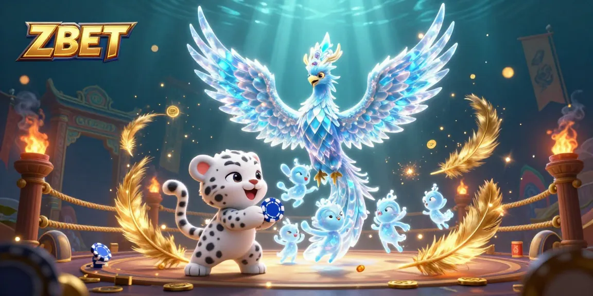 ZBET brings excitement to players with vibrant casino-themed 3D art featuring a phoenix, leopard, and sprites playing together.