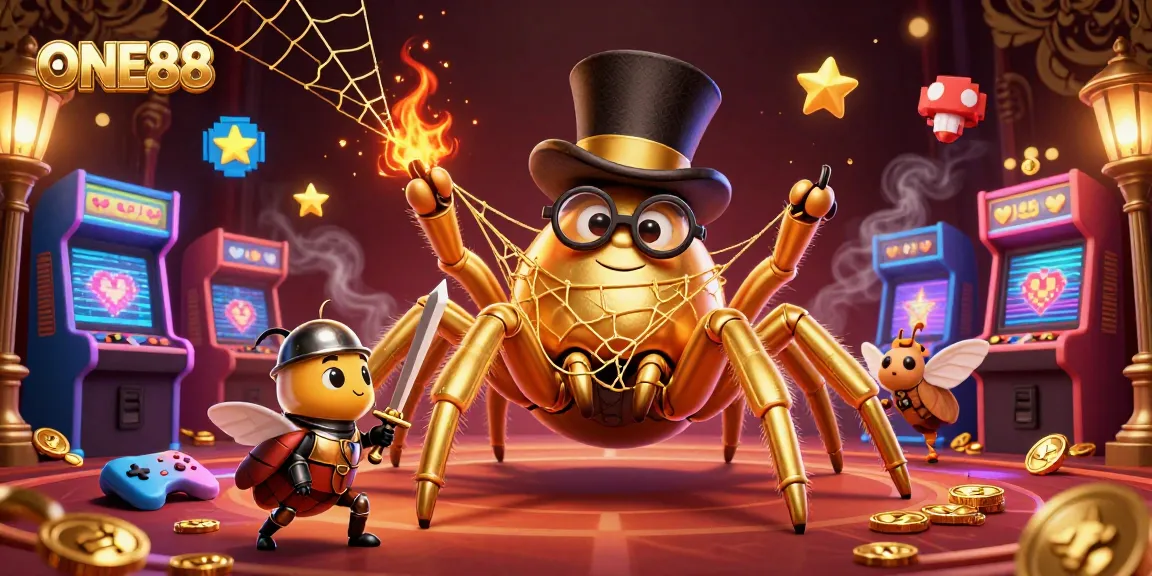 Engage in thrilling gameplay at ONE88 with a glittering casino-themed adventure featuring a golden tarantula.