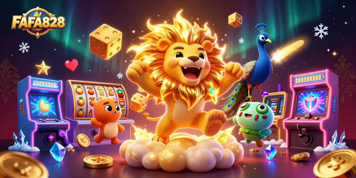 Experience the thrill of FAFA828 with animated golden dice and slot reels in a vibrant casino setting.