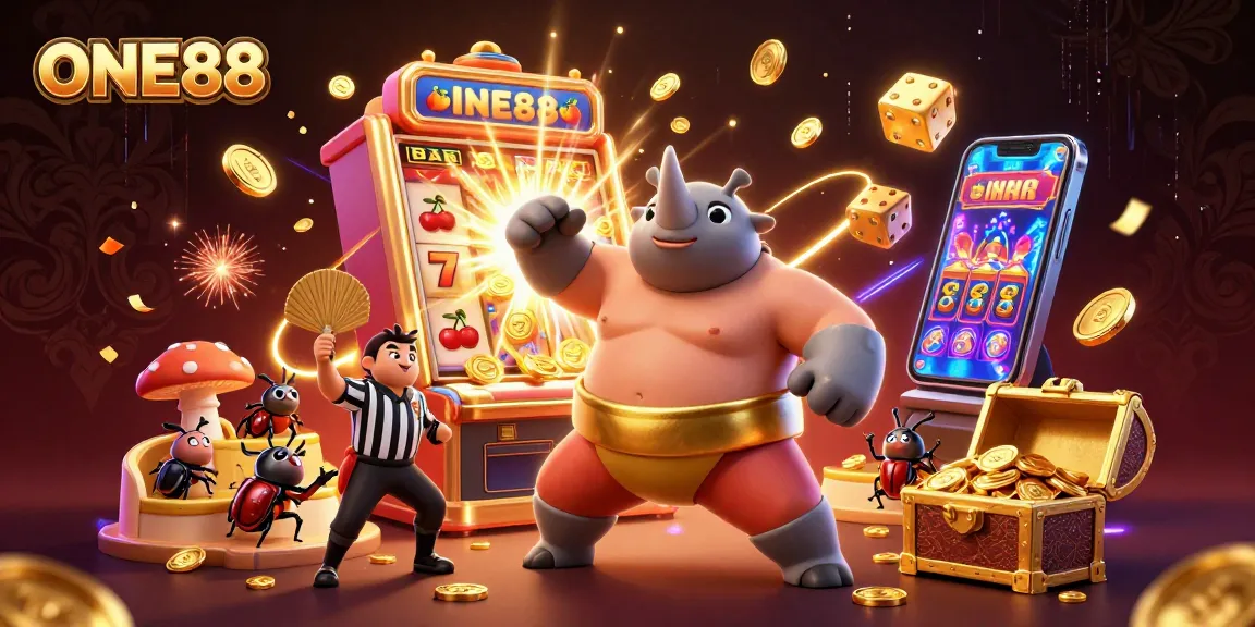 ONE88 Sumo Champion beetle bursts with coins at a colorful casino scene, enhancing gaming excitement.