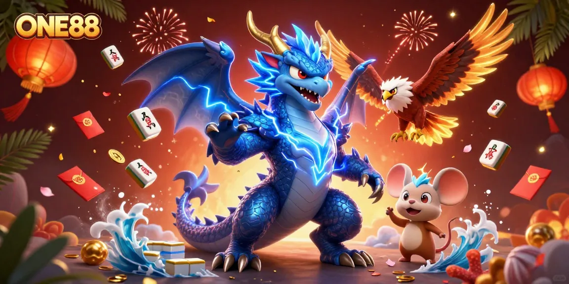 Experience thrilling gameplay at ONE88 with a dynamic dragon and vibrant casino elements.